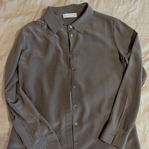 Grana 100% Silk Button Down Shirt XS, Taupe, Like New Luxury Minimalist Top